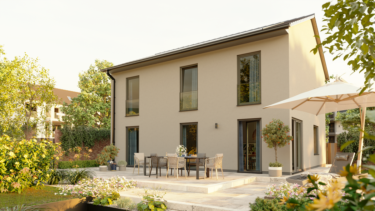 Stadthaus Flair 152 RE Novo mit Garten und moderner Terrasse Modernes Stadthaus Flair 152 RE Novo mit offener Terrasse, stilvoller Sitzgruppe und liebevoll gestaltetem Garten